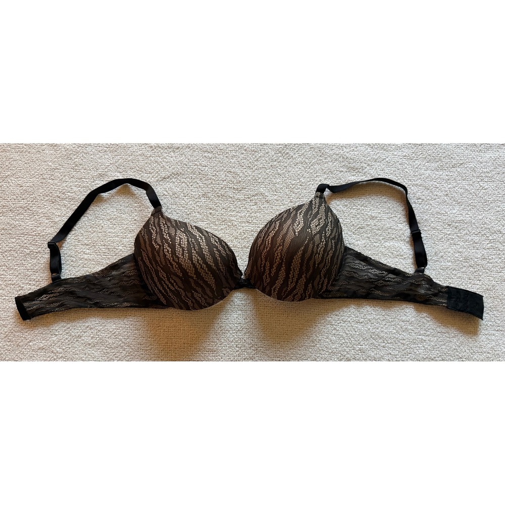 Wonderbra 7866 Black Lace Push Up Underwire Bra 38C Tan Animal Print Pattern